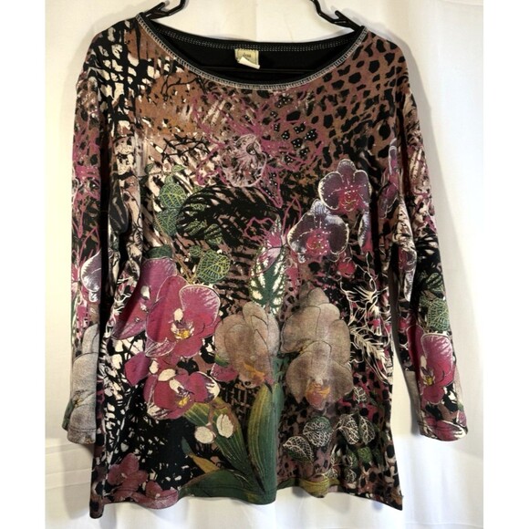 Jess & Jane Rhinestone Orchid Top 3/4 Sleeve Stretch Women’s Sz M - Picture 1 of 7